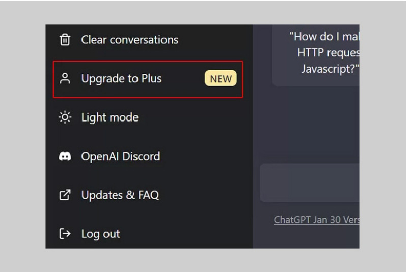 Nhấn vào mục Upgrade to plus để nâng cấp thành tài khoản Chat GPT Plus