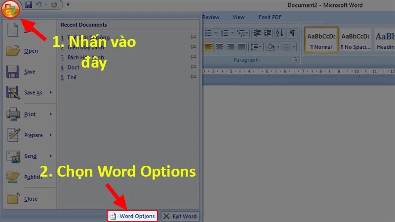 Chọn Word Options trong hộp thoại của Microsoft Office