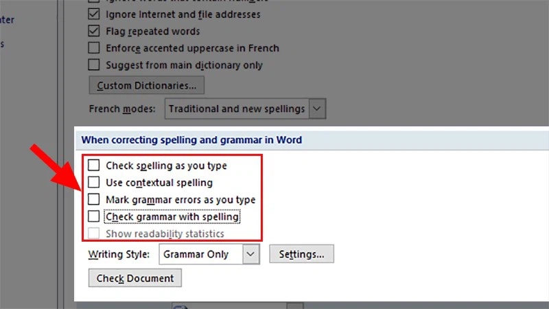 Bỏ tích các ô trong phần “When correcting spelling and grammar in Word”