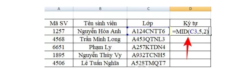 Nhập công thức của hàm MID vào ô