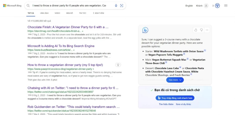 Kết quả tìm kiếm của Bing AI xuất hiện bên phải màn hình