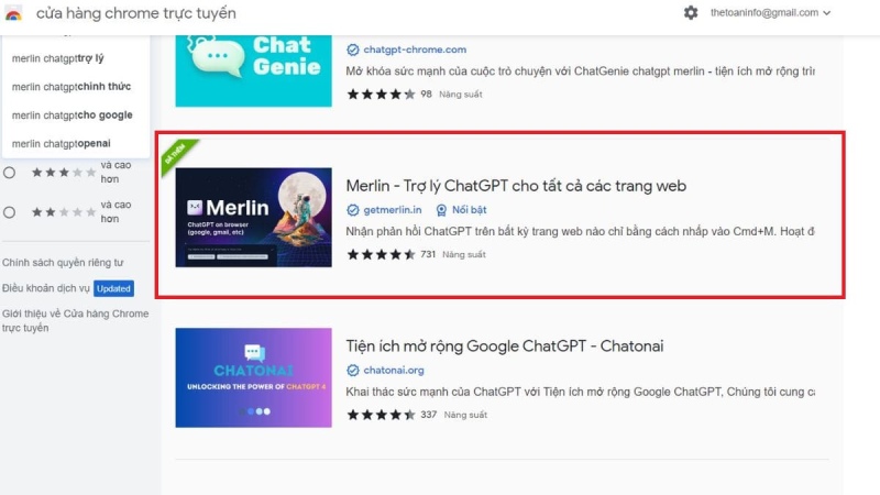 Tìm Merlin ChatGPT trên cửa hàng tiện ích của Chrome