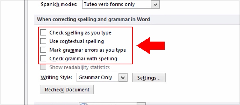 Bỏ chọn các tính năng trong phần When correcting spelling and grammar in Word