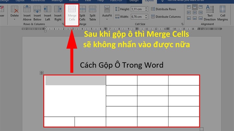 Kết quả nhận được sau khi gộp ô bằng Merge Cells trong thẻ Layout