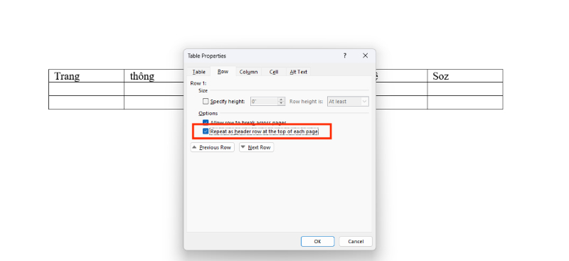 Chọn thẻ Row trong hộp thoại Table Properties