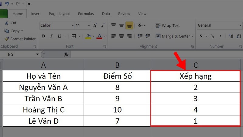 Kết quả xếp hạng từ thấp đến cao khi dùng hàm RANK