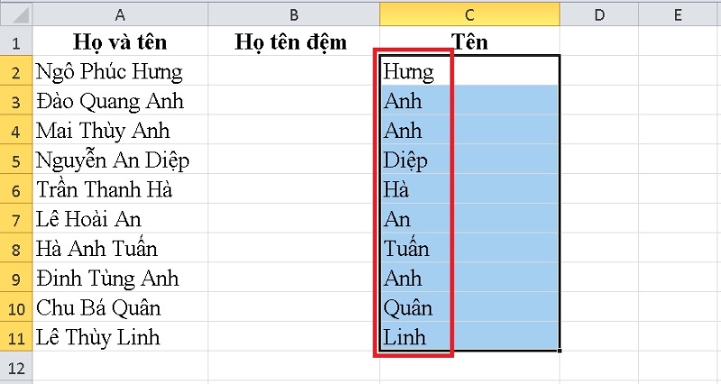 Kết quả nhận được sau khi thực hiện tách tên trong Excel