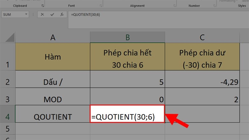 Nhập công thức QUOTIENT