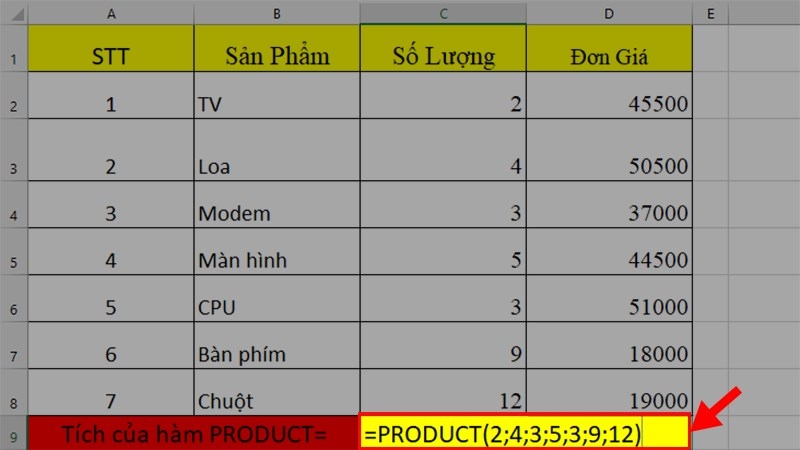 Nhập hàm PRODUCT để tính tích các số