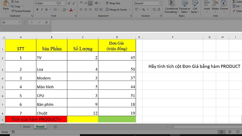 Ví dụ sử dùng hàm PRODUCT để tính tích từng cột