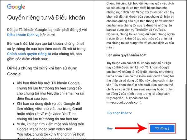 Nhấn "Tôi đồng ý" để hoàn tất quá trình tạo tài khoản