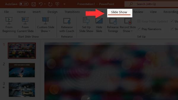 Chọn Slide show trên thanh công cụ