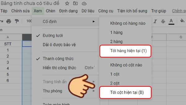 Chọn "Cố định" và sau đó chọn "Tới cột hiện tại" hoặc "Tới hàng hiện tại”