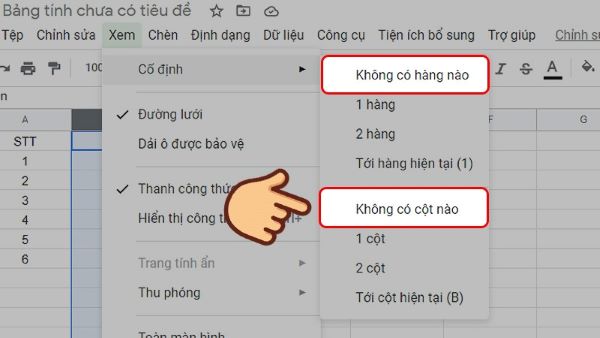 Chọn "Cố định" và sau đó chọn "Không có cột nào”