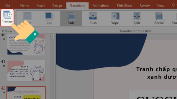 Nhấp vào lệnh Preview trên tab Transitions