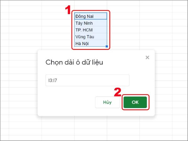 Chọn vùng giá trị mà bạn muốn sử dụng cho danh sách thả xuống