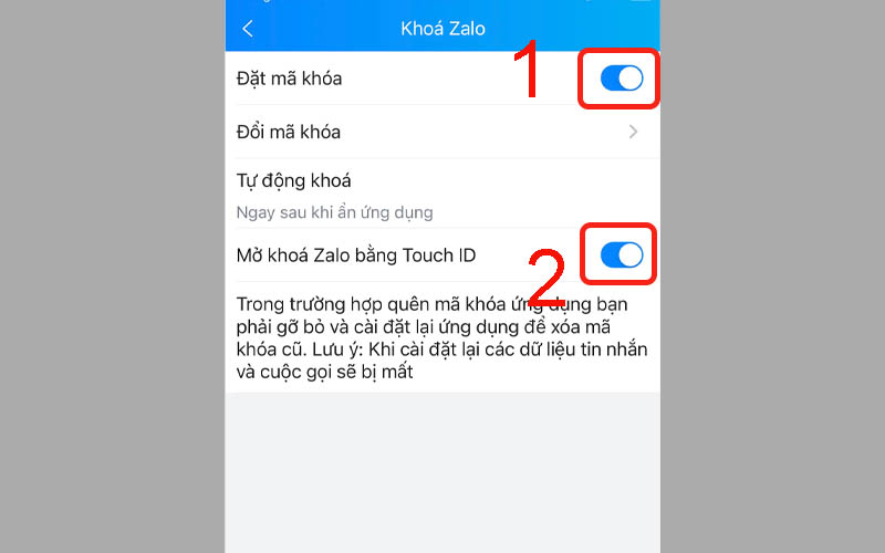 Bật Đặt mã khoá > Chọn mở khoá Zalo bằng Touch ID/Face ID